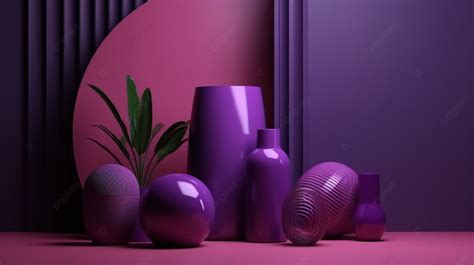 Collection Of Purple Vases Set Next To A Purple Wall Background, 3d Mock Up Scene For Product ...