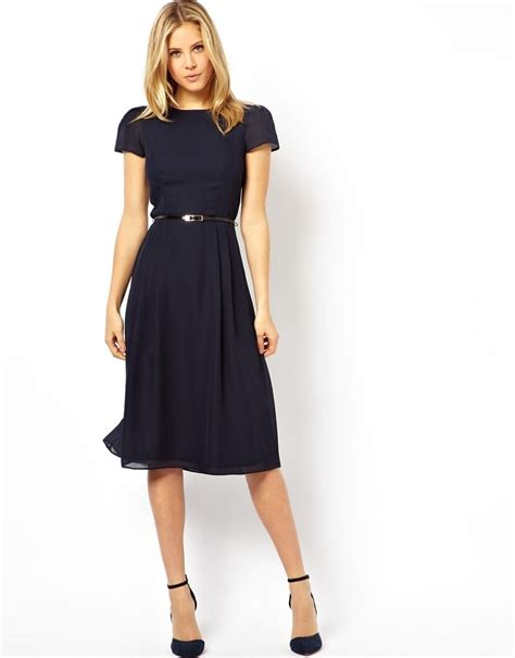 ASOS Simple Midi Skater Dress With Belt - Navy - ShopStyle | Latest ...