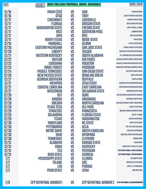 Printable College Football Bowl Schedule 2022-23 | FanDuel Research