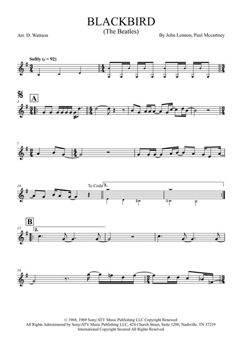 Blackbird (arr. Douglas Wattson) by The Beatles Sheet Music for ...