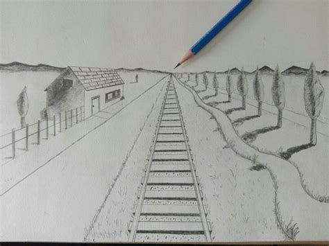 Point One Perspective Railway track, House | Perspective art, 2 point perspective drawing, One ...