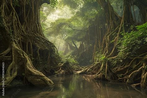 amazon rainforest, tropical vegetation, jungle landscape with creek, rocks overgrown with moss ...