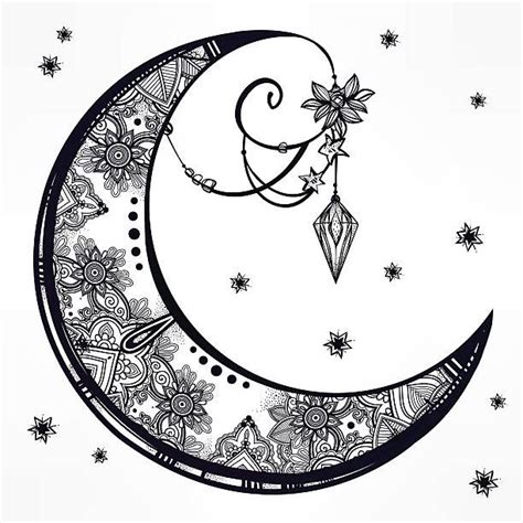 Ornate crescent moon illustration. vector art illustration | Crescent moon tattoo, Moon tattoo ...