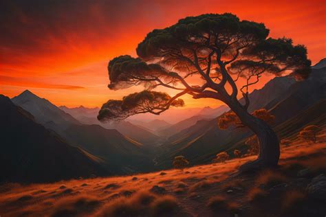 Pine tree in the mountains at sunset. generative ai 27057092 Stock ...