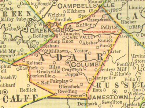 Adair County, Kentucky 1905 Map Columbia, KY | Kentucky, Adair, County map