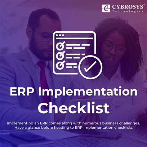 a man and woman looking at paperwork with the words erp implementation checklist
