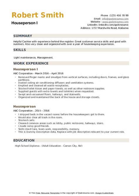 Houseperson Resume Samples | QwikResume