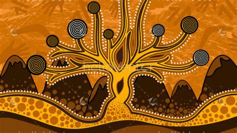 Tree on the hill, Aboriginal art vector painting depicting nature ...