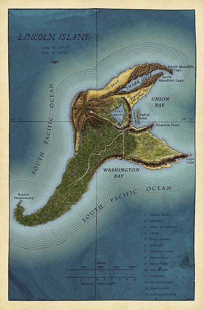 Map of Lincoln Island (Jules Verne's "the Mysterious Island") Jules ...