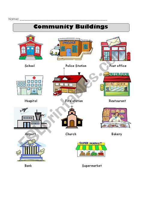 Community Buildings Vocabulary - ESL worksheet by Yirleyab