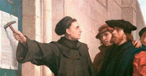 Artist's depiction of Martin Luther nailing his 95 Theses to the Wittenberg church door ...