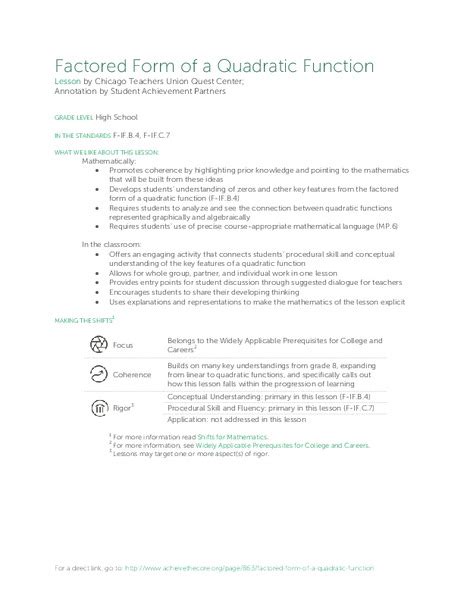 Factored Form of a Quadratic Function Lesson Plan for 9th - 12th Grade ...