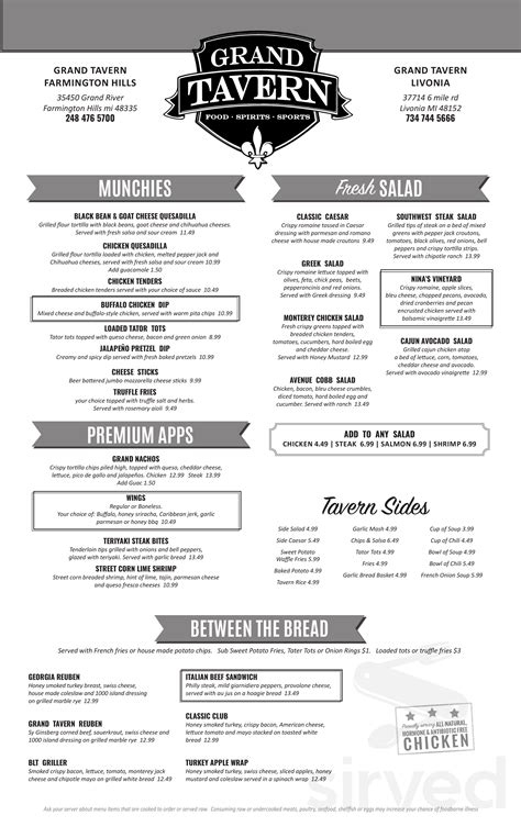 Grand Tavern Livonia menu in Livonia, Michigan, USA