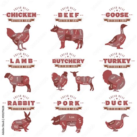 Meat label big collection. Butcher shop. Farm animals silhouette Stock Vector | Adobe Stock