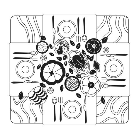 Thanksgiving dinner table overhead black and white 2D cartoon object ...