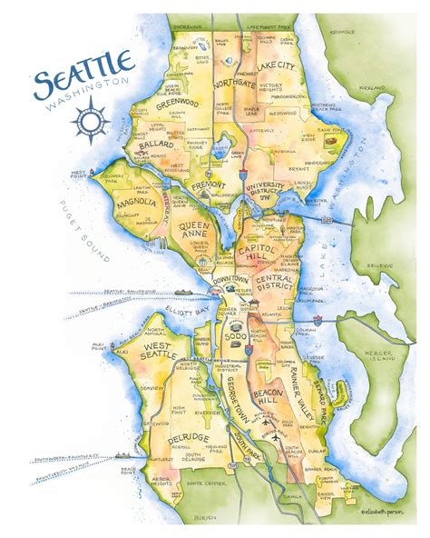 Seattle Map Watercolor Illustration Puget Sound Neighborhood | Etsy