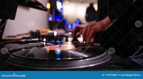 Party Dj Plays Music at Hip Hop Concert on Turntables Vinyl Record ...