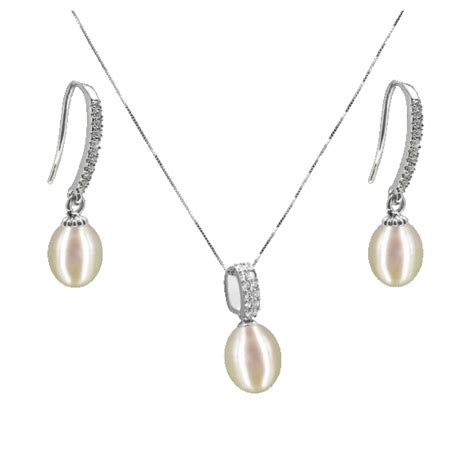 Pacific Pearls 18K White Gold Diamond Drop Earrings and Pendant Set