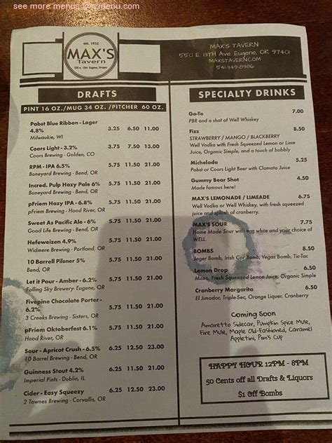 Menu at Max's Tavern pub & bar, Eugene