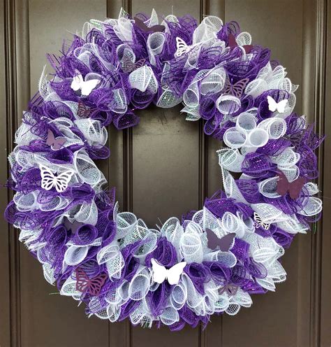 Spring Wreath, Deco Mesh Wreath, Mesh Wreath, Purple and White Wreath, Purple and White Deco ...