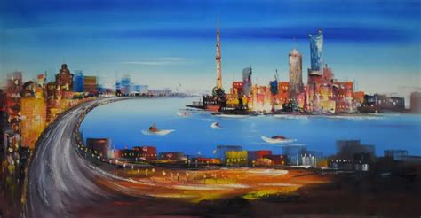 Hand Painted Modern Oil Painting on Canvas Abstract Shanghai City Landscape Canvas Painting Wall ...