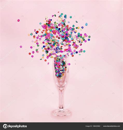 Glass Champagne Pink Background Confetti — Stock Photo © Guulechka07 #188425962