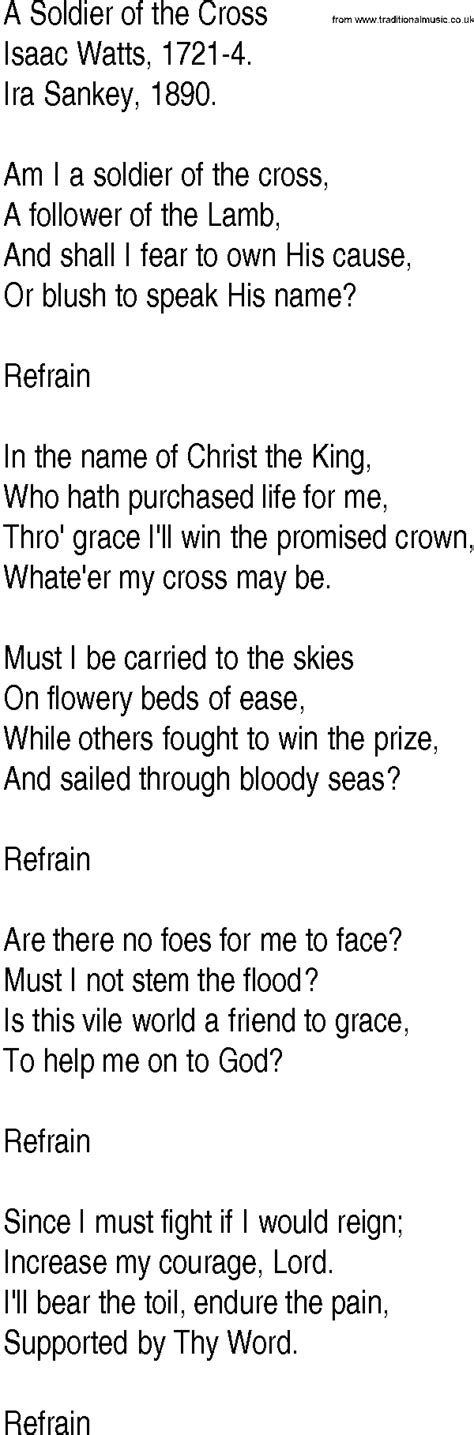 Hymn and Gospel Song Lyrics for A Soldier of the Cross by Isaac Watts