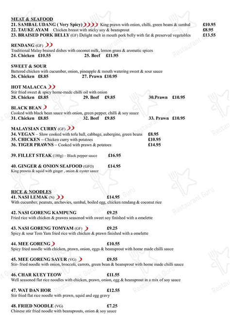 Menu at Malaya restaurant, South Benfleet