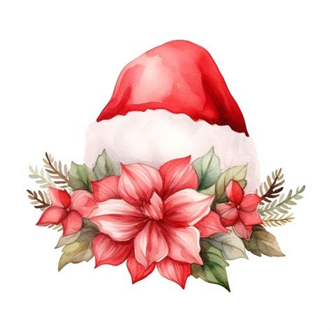 Premium AI Image | There is a watercolor painting of a santa hat with poinsettis generative ai