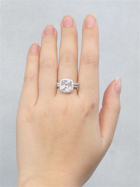 3 Ct Halo Cushion Cut Engagement Ring, Wedding Ring Set, Man Made ...