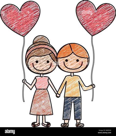 color pencil drawing of caricature of boy and girl with balloon in shape of heart Stock Vector ...