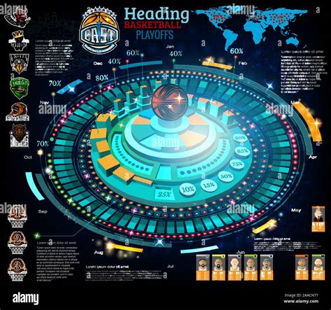 Abstract basketball infographic in computer game style. Vector blue background with information ...