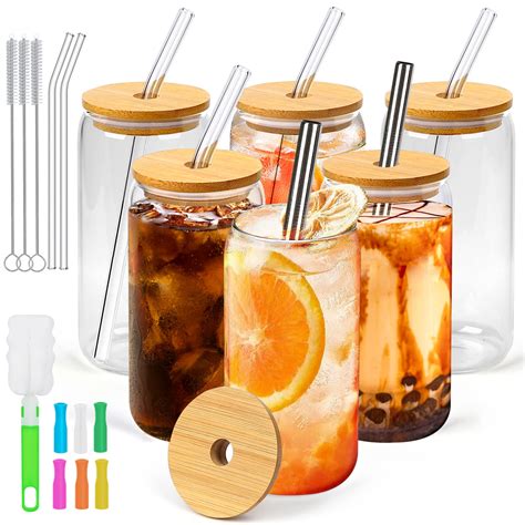 Buy Can Glass with Bamboo Lids and Glass Straws, 6 Pack 16oz Drinking Glasses with Lids and ...