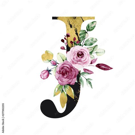 Floral gold alphabet, letter j with watercolor flowers and leaves ...