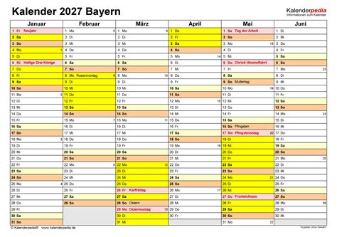 Kalender 2027 Bayern: Ferien, Feiertage, PDF-Vorlagen