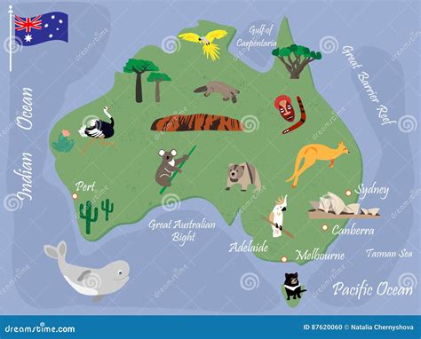 Australian Map with Animals and Landmarks Stock Vector - Illustration of landmark, australia ...