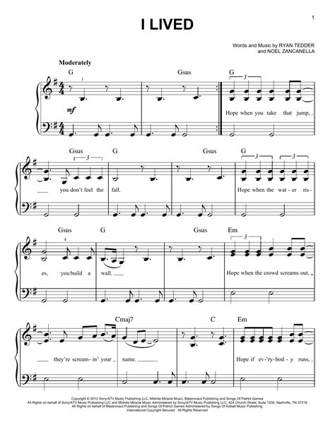 I Lived sheet music by OneRepublic (Easy Piano – 161058)