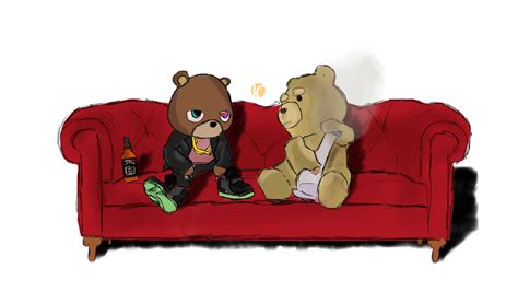 Download Kanye West Bear And Ted On Red Couch Wallpaper | Wallpapers.com