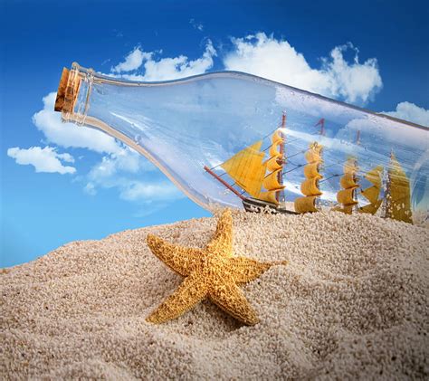 Ship in a Bottle, beach, boat, glass, sand, starfish, HD wallpaper | Peakpx