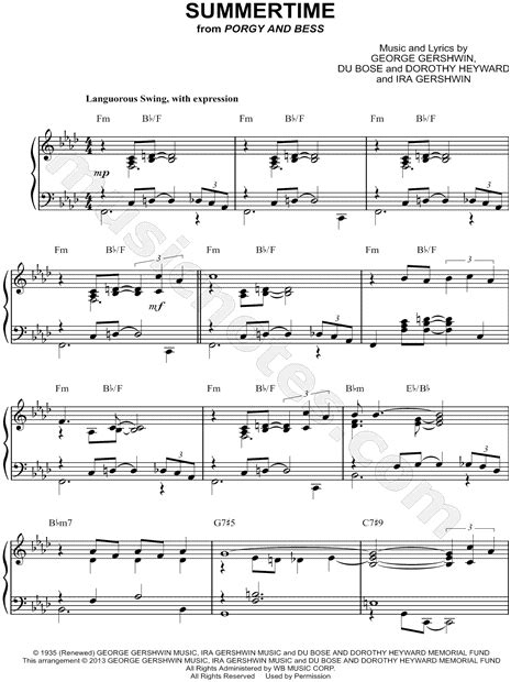 George Gershwin "Summertime" Sheet Music (Piano Solo) in F Minor ...