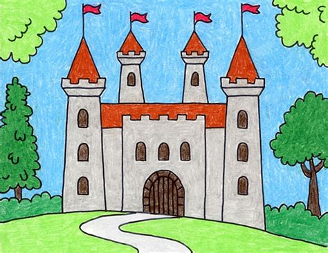 Easy How to Draw a Castle Tutorial and Castle Coloring Page