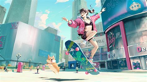 1920x1080 Skyline Anime Girl Skateboard With Dog Laptop Full HD 1080P ...