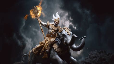 A grandiose representation of Indra, the Hindu god of thunder and lightning, mounted on a white ...