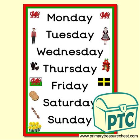 Welsh Themed Days of the Week Poster - Primary Treasure Chest