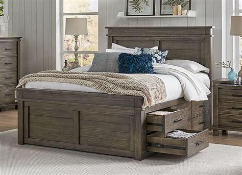 Solid Reclaimed Pine Wood Glacier Point Queen Size 9 Drawer Captains Storage Bed in Greystone ...