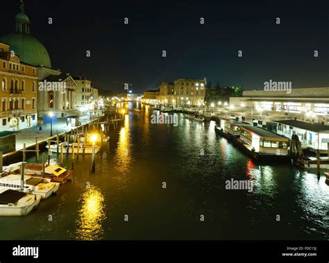 Grand Canal night view with light reflection on water, Venice, Italy ...