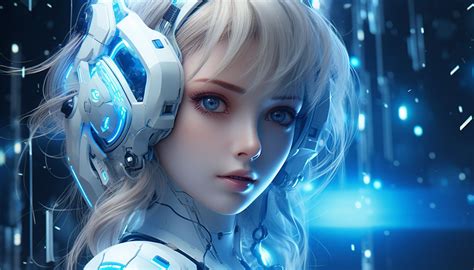 anime android robot girl in space with blue eyes in...