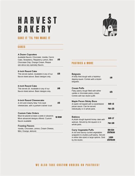 Menu at Harvest Bakery, Bainbridge