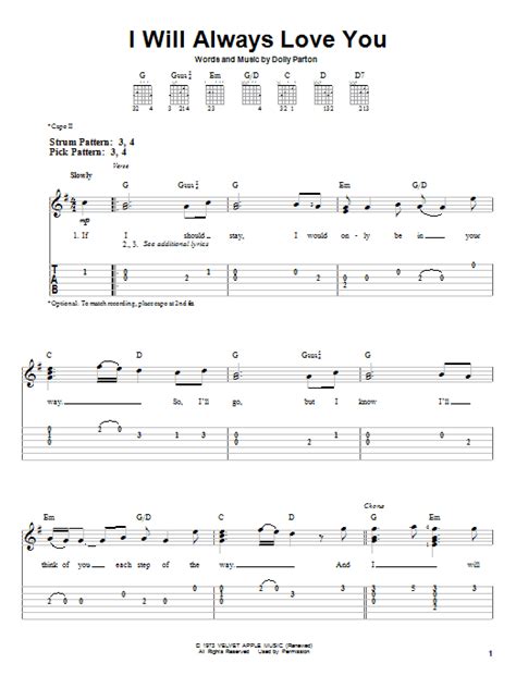 I Will Always Love You by Dolly Parton Sheet Music for Easy Guitar Tab at Sheet Music Direct