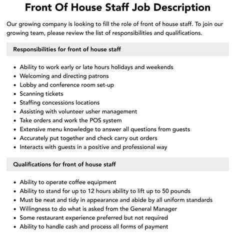 Front Of House Staff Job Description | Velvet Jobs